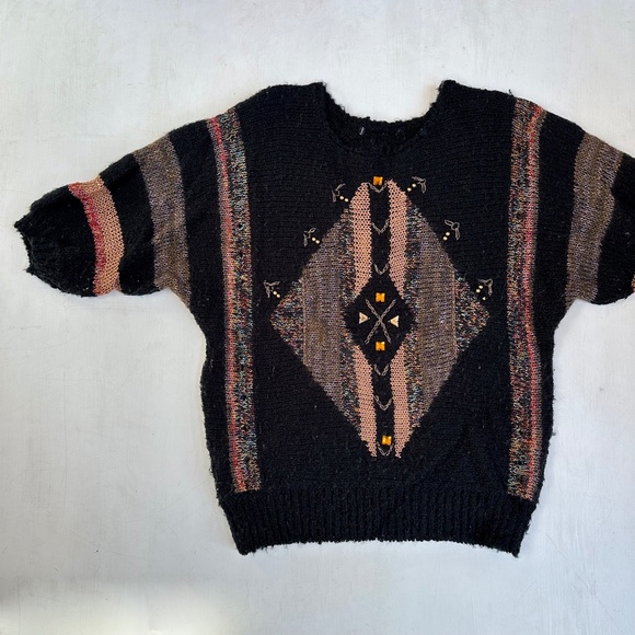 Vintage Aztec Slouchy Knit Short Sleeve Sweater - Picture 2 of 5